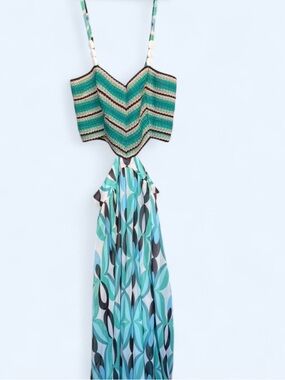 PatBO Green & Aqua Crochet-Bodice Printed Maxi Dress